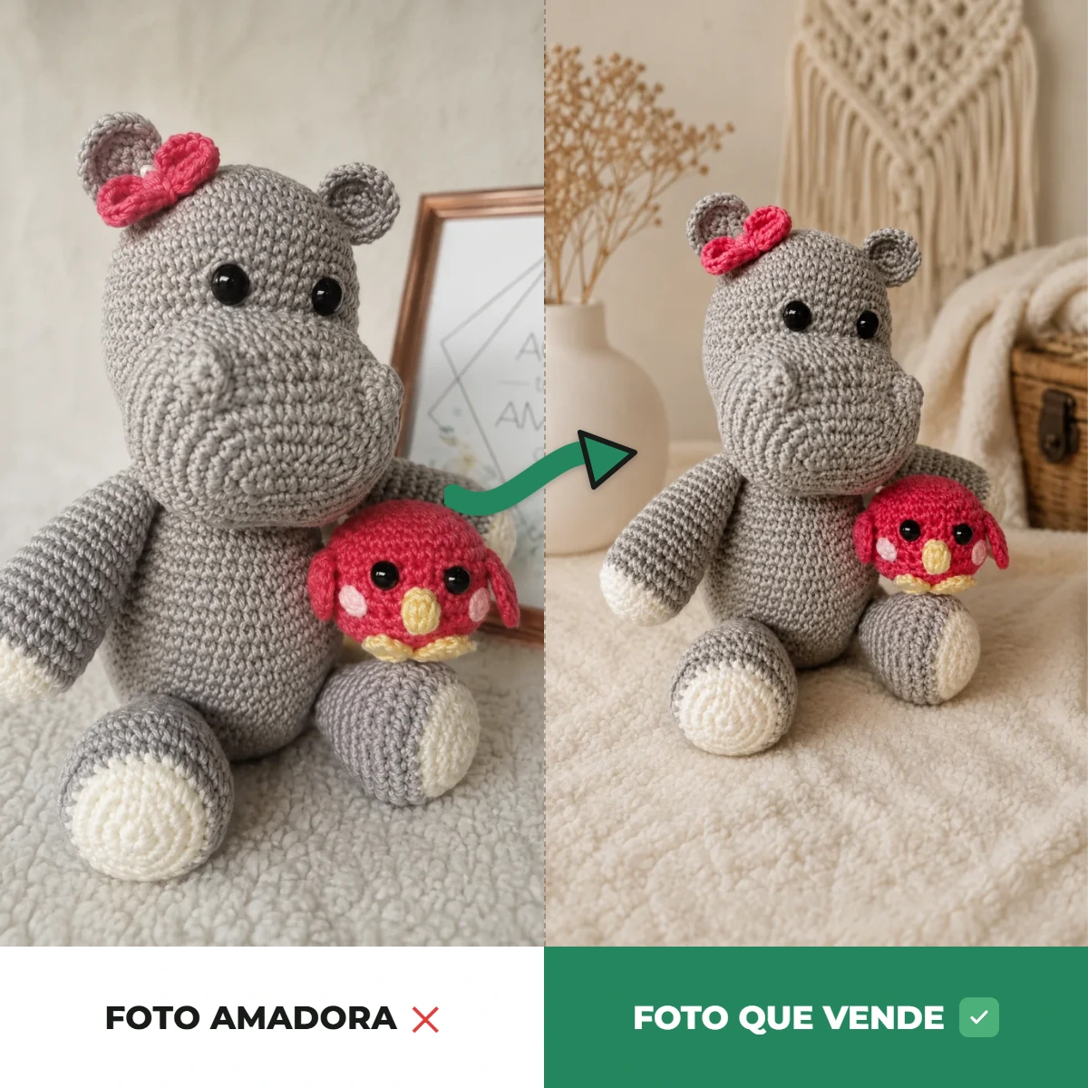Amigurumi de crochê antes e depois