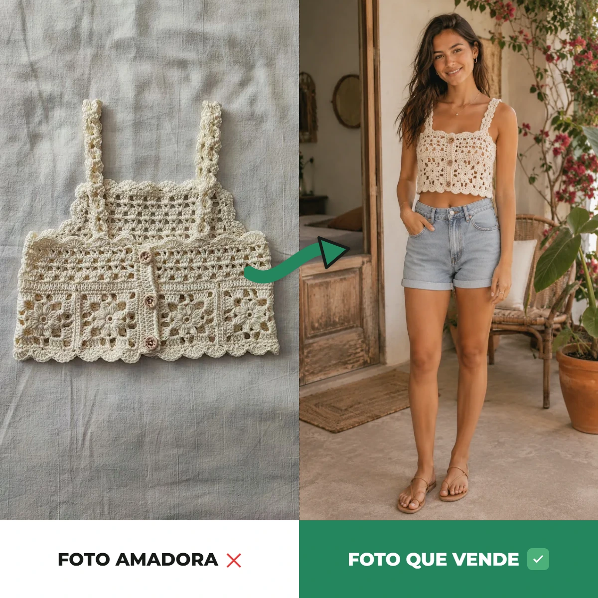 Top de crochê antes e depois