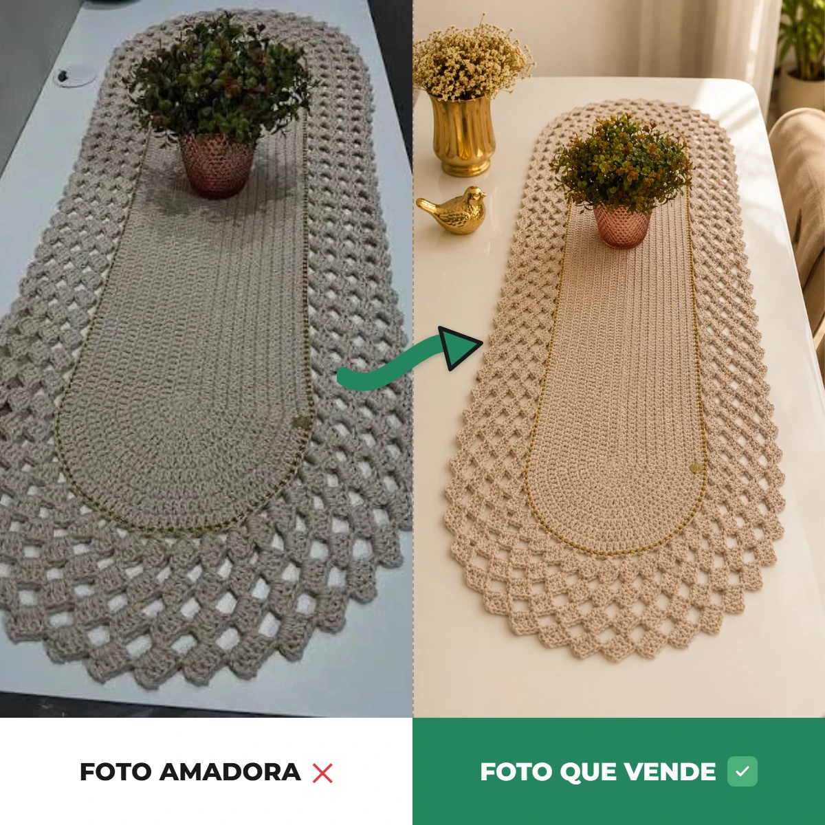 Pano de mesa de crochê antes e depois