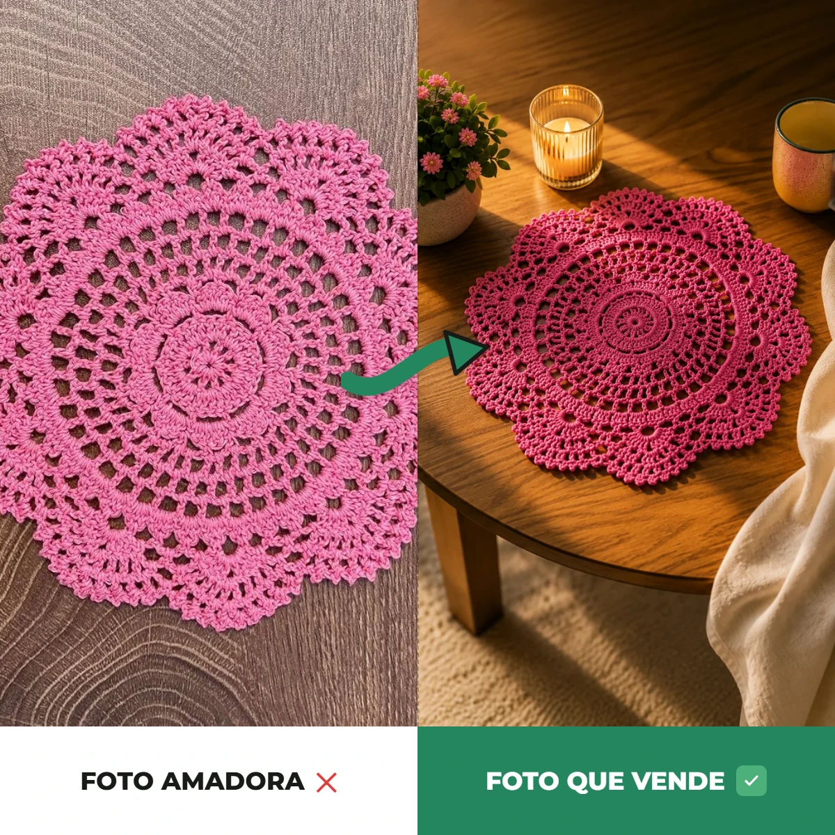 Sousplat rosa de crochê antes e depois